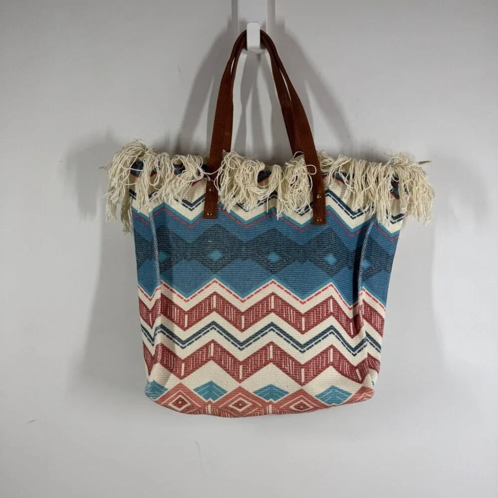Boho Aztec Fringe Tote Bag Tribal Canvas Beach Shopper Southwest Style Summer - Picture 10 of 14